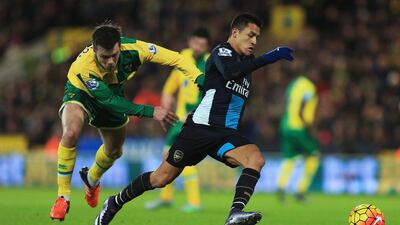 Alexis Sanchez, right, of Arsenal evades Jonathan Howson of Norwich City during the Premier League match between Norwich City and Arsenal at Carrow Road on November 29, 2015 in Norwich, England. (Photo by Stephen Pond/Getty Images)
