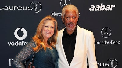 Actor Morgan Freeman and his friend Lori McCreary arrive for the Laureus Welcome Party as part of the 2011 Laureus World Sports Awards at Cipriani Yas Island in Abu Dhabi.