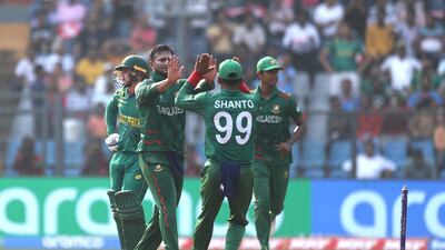 Bangladesh's captain Shakib Al Hasan celebrates the wicket of Aiden Markram of South Africa. Getty
