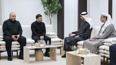 President Sheikh Mohamed and Mr Zelenskyy with Sheikh Mansour bin Zayed, UAE Vice President and Deputy Prime Minister