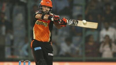 Sunrisers Hyderabad batsman Yuvraj Singh plays a shot during the Indian Premier League match against Delhi Daredevils in New Delhi, India, on Tuesday, May 2, 2017. Altaf Qadri / AP Photo