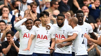 Tottenham Hotspur's Son Heung-min, second left, celebrates after scoring the only goal of the game against Manchester City on Sunday, August 15.