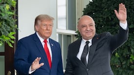 US President Donald Trump, left, welcomes Lebanese President Joseph Aoun in Washington last month. Bloomberg
