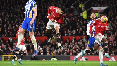 United's Cristiano Ronaldo heads a chance wide in the second half. Reuters