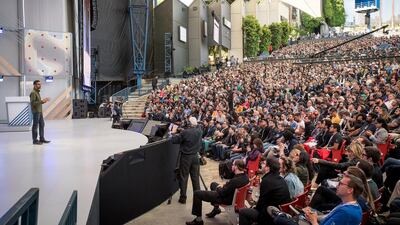 Sundar Pichai, chief executive of Google, speaks at the I/O Developers Conference in California. Courtesy Bloomberg