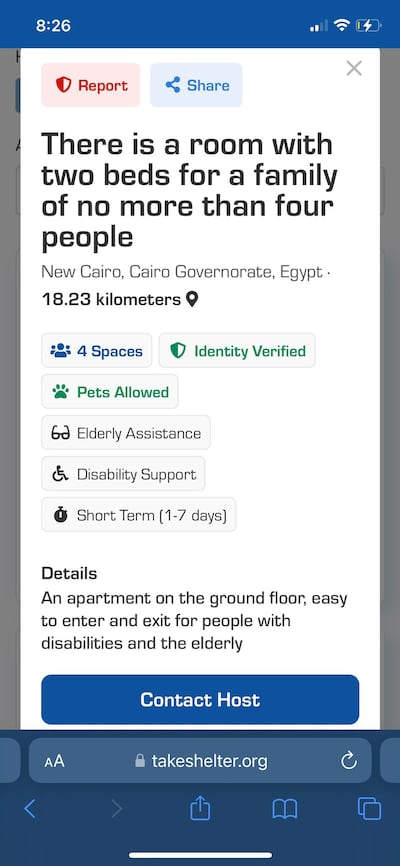 Screenshot of a listing on the website for housing displaced Sudanese people who have fled the violence. Photo: Avi Schiffmann