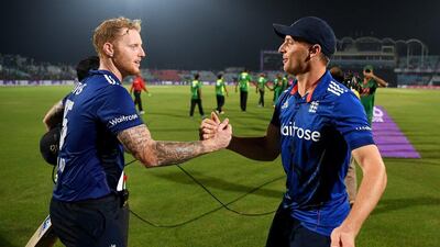 Ben Stokes, left, with England captain Jos Buttler after securing the series victory in Bangladesh. Gareth Copley / Getty Images
