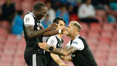 Besiktas' Ricardo Quaresma, right, celebrates with Vincent Aboubakar after the latter's goal against Napoli on Wednesday night. Carlo Hermann / AFP / October 19, 2016