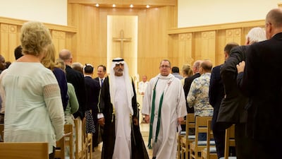 Sheikh Nahyan bin Mubarak, the UAE's Minister of Tolerance, at St Andrew's Church in Abu Dhabi with the Reverend Canon Andrew Thompson