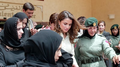 Queen Rania of Jordan arrives at the Dubai Ladies Club to open an exhibition organised by the Jordan River Establishment. AFP