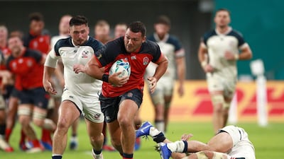Ellis Genge of England breaks past Blaine Scully of USA at Kobe Misaki Stadium. Getty