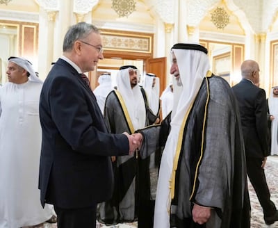 Peter Jackson is greeted by Sheikh Dr Sultan bin Muhammad Al Qasimi, Ruler of Sharjah. Photo: Peter Jackson