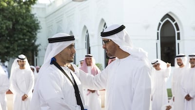 Sheikh Mohammed bin Zayed, Crown Prince of Abu Dhabi and Deputy Supreme Commander of the Armed Forces, greets an Armed Forces servicemen injured while serving the armed forces in Yemen. Seen during a Sea Palace barza. Ryan Carter / Crown Prince Court - Abu Dhabi