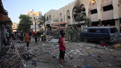 The damage after an Israeli strike hit a school sheltering displaced Palestinians in Gaza city on Saturday. AFP