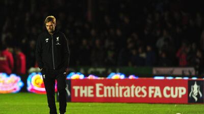 Jurgen Klopp, manager of Liverpool, looks thoughtful prior to their FA Cup third round match against Exeter City at St James Park on January 8, 2016 in Exeter, England. (Photo by Dan Mullan/Getty Images)