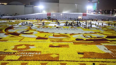 In Dubai Festival City thousands of volunteers laid out fresh flowers to attempt a record for the worlds largest fresh flower carpet. Leslie Pableo / The National