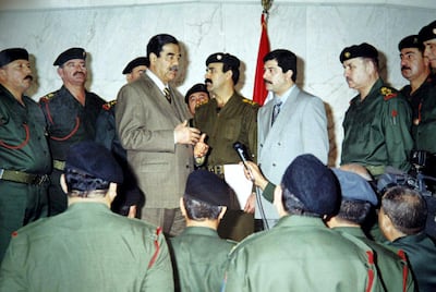 Saddam Hussein speaking to Republican Guard officers in Baghdad. AFP