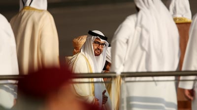 Sheikh Mohammad bin Zayed, Crown Prince of Abu Dhabi and Deputy Supreme Commander of the UAE Armed Forces arrives for the 43rd National Day celebrations at Abu Dhabi National Exhibition Centre in Abu Dhabi.