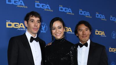 From left, Alex Honnold, Elizabeth Chai Vasarhelyi and Jimmy Chin at the 71st Annual Directors Guild Of America Awards in Los Angeles. AP