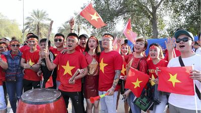 Vietnam fans make it a musical event prior to their team's match against Iraq at the AFC Asian Cup UAE 2019 at Zayed Sports City in Abu Dhabi. Pawan Singh / The National