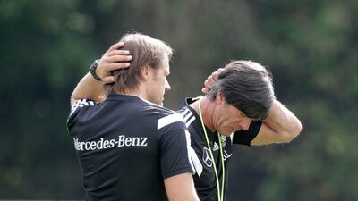 German national coach Joachim Loew, right, and co-coach Thomas Schneider shown during a training session on Wednesday ahead of a pair of Euro 2016 qualifying matches. Frederik von Erichsen / EPA / September 2, 2015