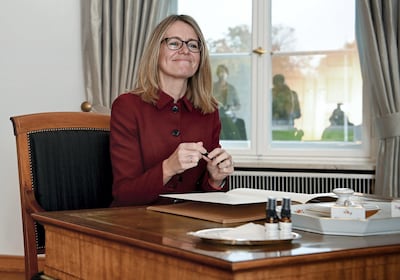 Jill Gallard signs the guest book at Bellevue Palace on the occasion of the accreditation by the Federal President in Berlin. Getty Images