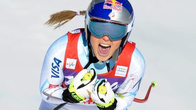 Lindsey Vonn of the USA celebrates during the Audi FIS Alpine Ski World Cup Women’s Downhill in Cortina dÕAmpezzo, Italy. Francis Bompard / Agence Zoom / Getty Images