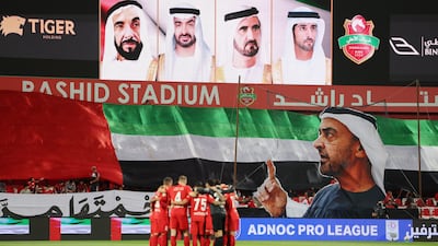Ahead of kick-off at Rashid Stadium in Dubai, the Shabab Al Ahli fans unfurled a tifo celebrating President Sheikh Mohamed bin Zayed, accompanied by script referring to the toughness of the people of the Emirates. Chris Whiteoak / The National