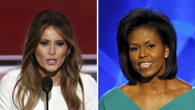 A composite picture made of file images shows Melania Trump, left, wife of 2016 Republican presidential candidate Donald Trump, and US first lady Michelle Obama, right. Mrs Trump’s speech at the Republican National Convention has triggered accusations of plagiarising Mrs Obama’s 2008 Democratic convention speech. EPA