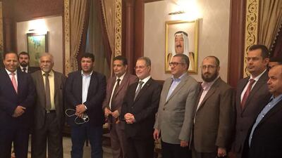 The Yemeni government delegation led by foreign minister Abdulmalek Al Mikhlafi, centre, in Kuwait on August 1, 2016. via AFP