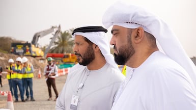 Marwan bin Ghalita, director general of Dubai Municipality, left, inspects work on the stormwater drainage system in Deira. Photo: Dubai Municipality on X
