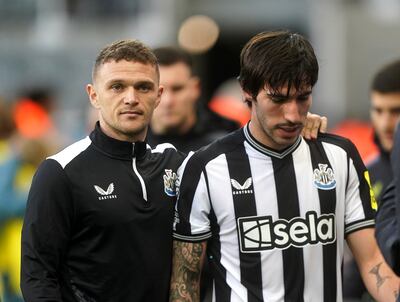Newcastle United's Kieran Trippier with his arm around teammate Sandro Tonali after the game against Crystal Palace at St James' Park. PA