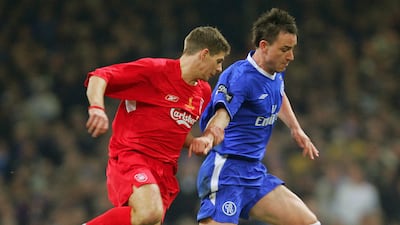 Liverpool's Steven Gerrard and Chelsea's John Terry battle for the ball during the League Cup final at the Millennium Dome in Cardiff, Wales, on February 27, 2005. AFP