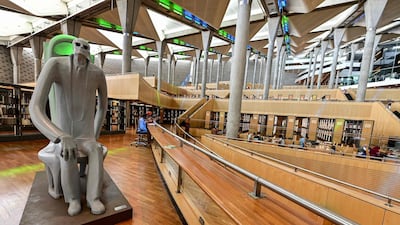 A giant sculpture of the late Egyptian Arabic novelist and poet Taha Hussein, inside the main building of the Bibliotheca Alexandrina library in Egypt's northern coastal city of Alexandria. AFP