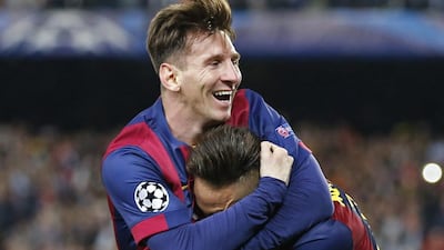 Lionel Messi and Neymar of Barcelona celebrate on Wednesday during their side's 3-0 win against Bayern Munich in the Champions League semi-final first leg at the Camp Nou. Gustau Nacarino / Reuters
