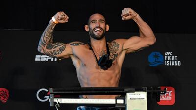 Santiago Ponzinibbio of Argentina poses on the scale during the UFC weigh-in at Etihad Arena on UFC Fight Island. Jeff Bottari / Zuffa LLC / Getty Images / UFC