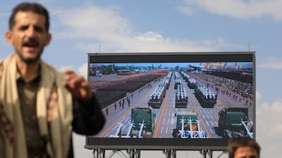 A digital billboard displays missiles and drones during a Houthi demonstration in Sanaa, Yemen. EPA