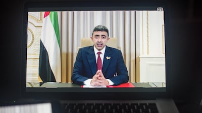 UAE Minister of Foreign Affairs and International Co-operation Sheikh Abdullah bin Zayed speaks during the United Nations General Assembly. Bloomberg