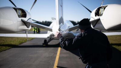 An Alice all-electric plane from Seattle-based Eviation during a taxi test in February. The aircraft, which is expected to enter into service by 2024, was chosen by DHL Express last year to become part of its sustainable fleet. AFP