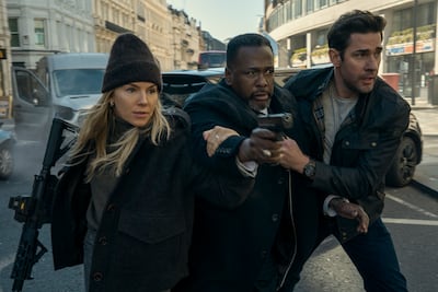 From left: Sienna Miller as Emma Marlowe, Wendell Pierce as James Greer and John Krasinski as Jack Ryan in Undated film still from Tom Clancy's Jack Ryan: Ghost War. Photo: Prime Video