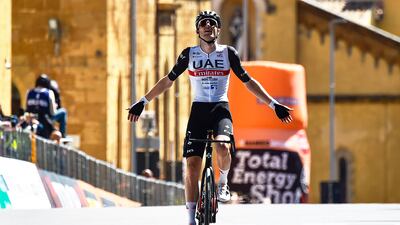 UAE Team Emirates rider Finn Fisher-Black celebrates after winning Stage 1 of the Giro di Sicilia on April 11, 2023. Sprint Cycling Agency