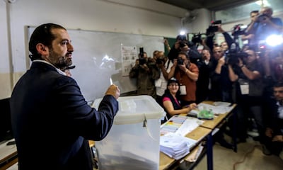 Lebanese Prime Minister Saad Hariri casts his ballot in Baabda, south east Beirut, on May 6, 2018. Nabil Mounzer / EPA Photo