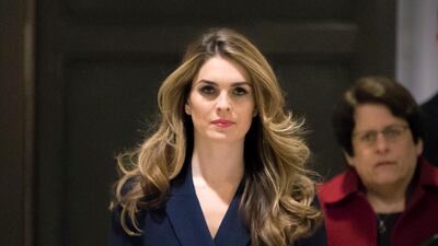 In this Feb. 27 2018 photo, White House Communications Director Hope Hicks, one of President Trump's closest aides and advisers, arrives to meet behind closed doors with the House Intelligence Committee, at the Capitol in Washington. Hicks, one of President Donald Trump's most loyal aides, is resigning. In a statement, the president praises Hicks for her work over the last three years. He says he "will miss having her by my side." The news comes a day after Hicks was interviewed for nine hours by the panel investigating Russia interference in the 2016 election and contact between Trump's campaign and Russia. (AP Photo/J. Scott Applewhite)