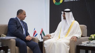 Sheikh Mohamed bin Zayed, Crown Prince of Abu Dhabi and Deputy Supreme Commander of the Armed Forces, meets Luis Guillermo Solis, the president of Costa Rica. Mohammed Al Suwaidi / Crown Prince Court - Abu Dhabi