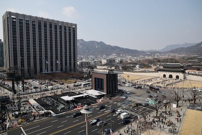 The stage for BTS The Comeback Live Arirang concert is set up in front of Gwanghwamun gate in Seoul. Reuters