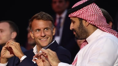 French President Emmanuel Macron and Saudi Crown Prince Mohammed bin Salman at the closing ceremony of the Esports World Cup at the Grand Palais in Paris on August 23. EPA