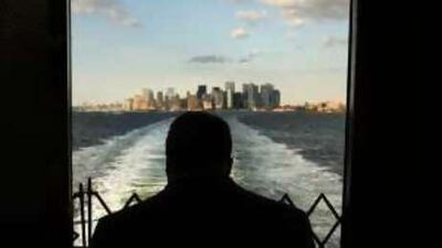 New York's financial district pictured from Staten Island ferry.