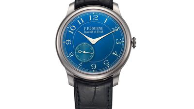 An FP Journe wristwatch with a metallic blue dial, at Christie's.