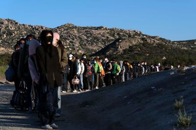 Chinese migrants wait to be processed after crossing the US border with Mexico, in California. AP