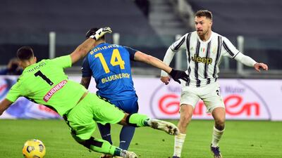 Juventus' Aaron Ramsey scores their third goal which is later disallowed. Reuters
